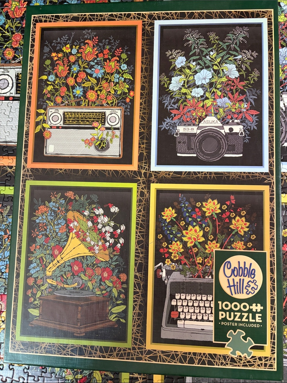 🧩 1000 piece Cobble Hill “Floral Objects” with poster. Vintage pieces. Complete.